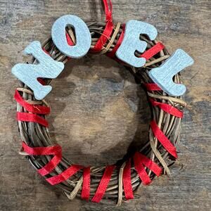 Vintage “Noel” Wreath Ornament with red ribbon